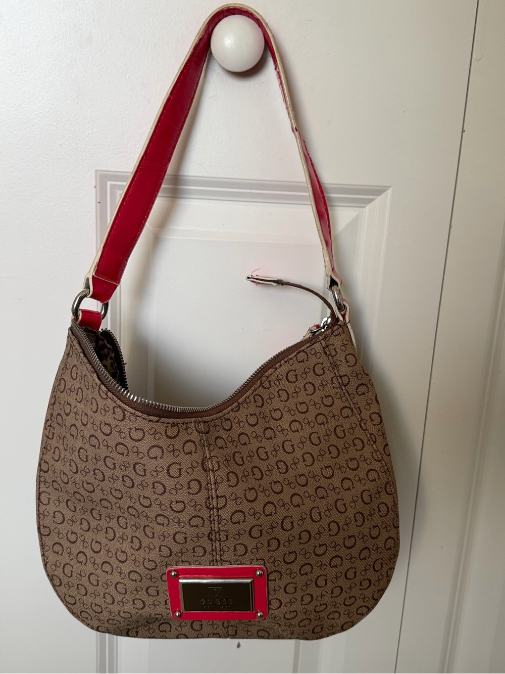 Guess Brown Monogram Shoulder Bag with Red Trim